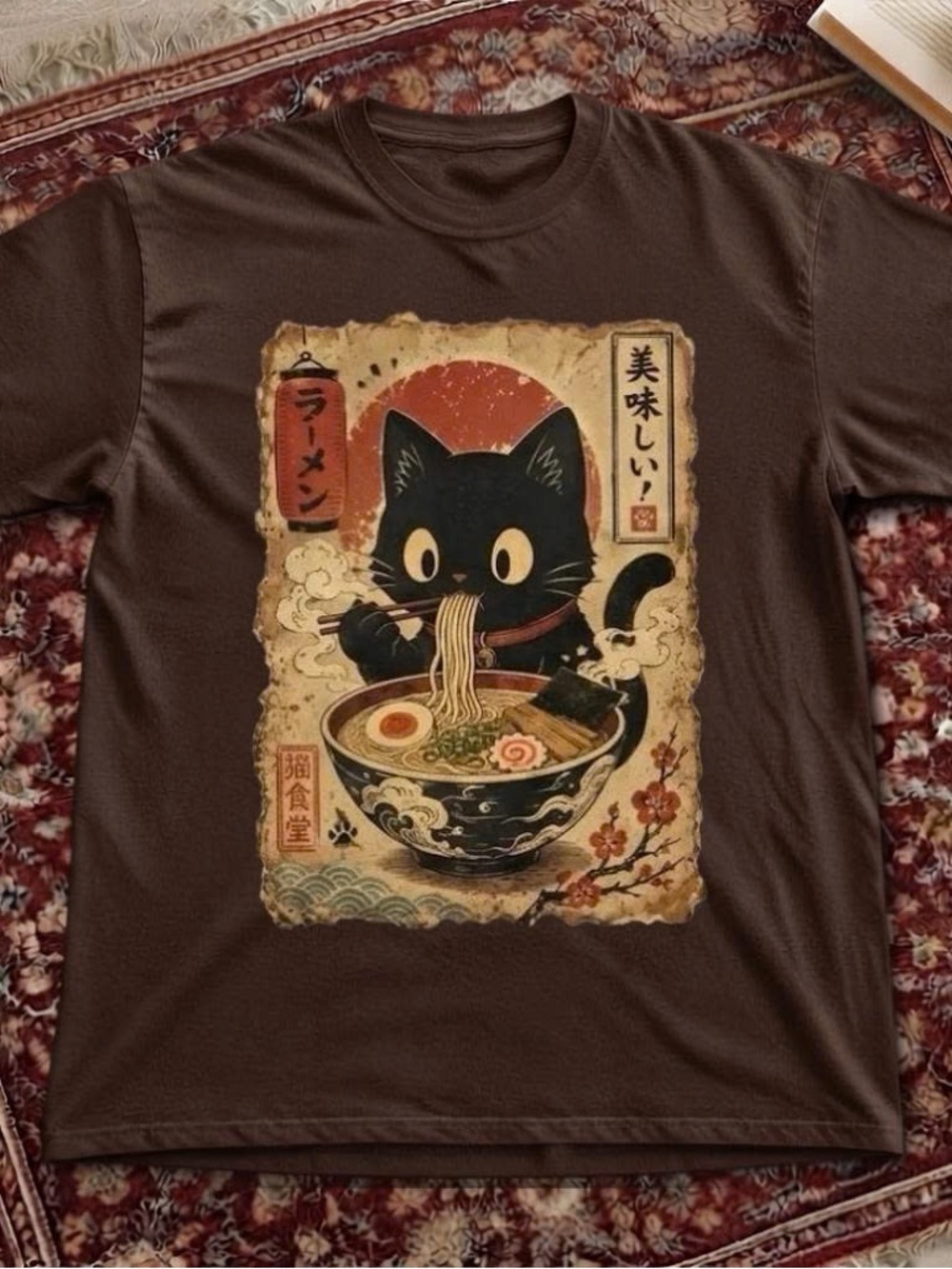 Brown Tee with Black Cat and Yellow Eyes Ramen Graphic